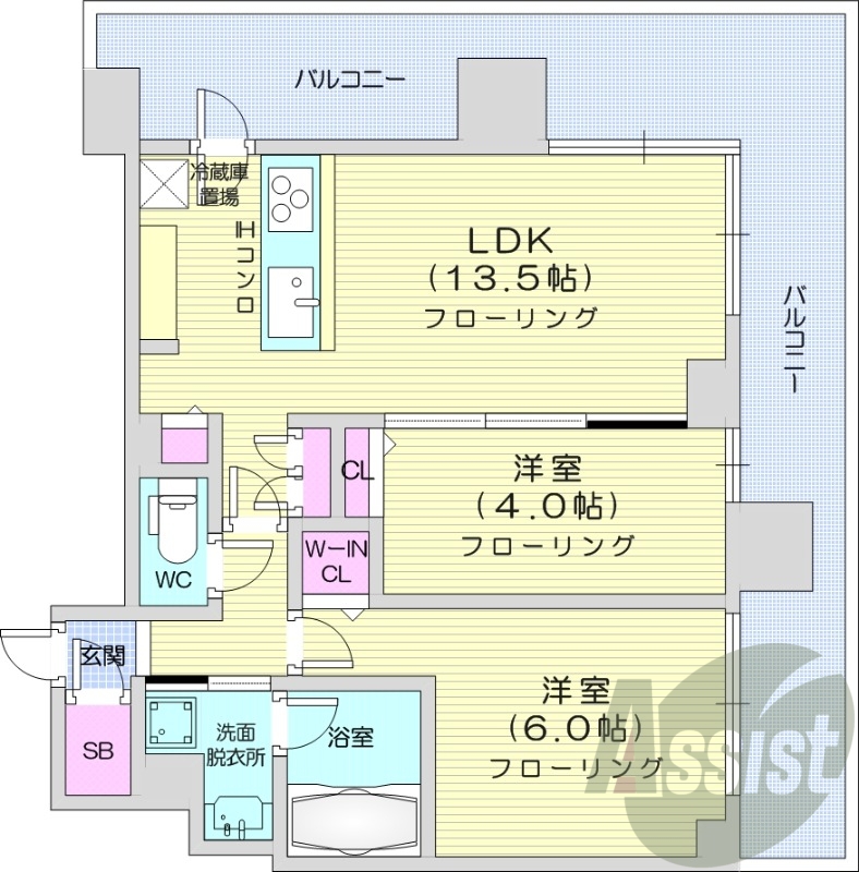 2LDK、分譲、都市ガス、システムキッチン