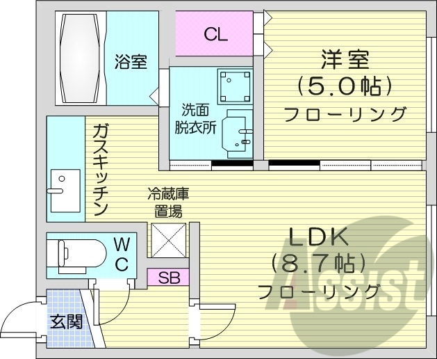 1LDK、エアコン、灯油暖房、モニタ付インターホン