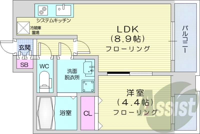 1LDK、システムキッチン、ウォシュレット