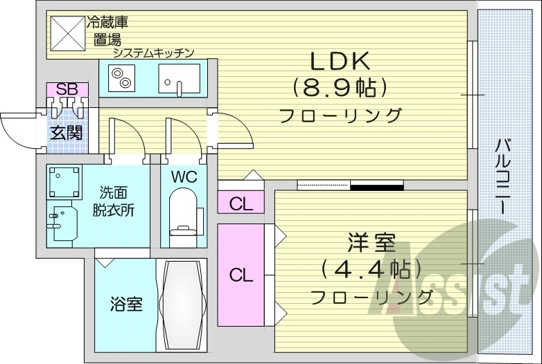 1LDK、システムキッチン、ウォシュレット