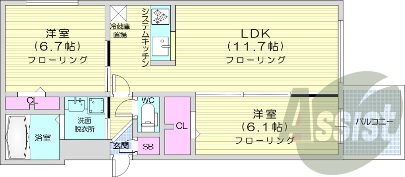 2LDK、システムキッチン、エアコン、追い焚き、ベランダ