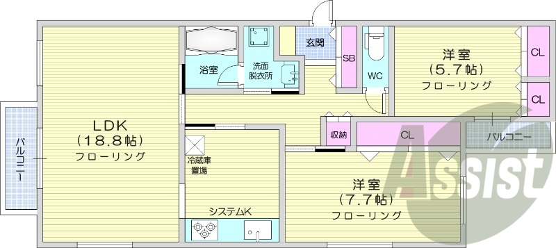 2LDK、都市ガス、エアコン、角部屋、オートロック