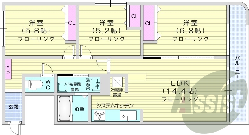 3LDK、都市ガス、ネット無料、リノベーション、