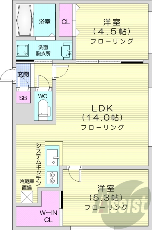 2LDK、エアコン、システムキッチン、灯油暖房、独立洗面台