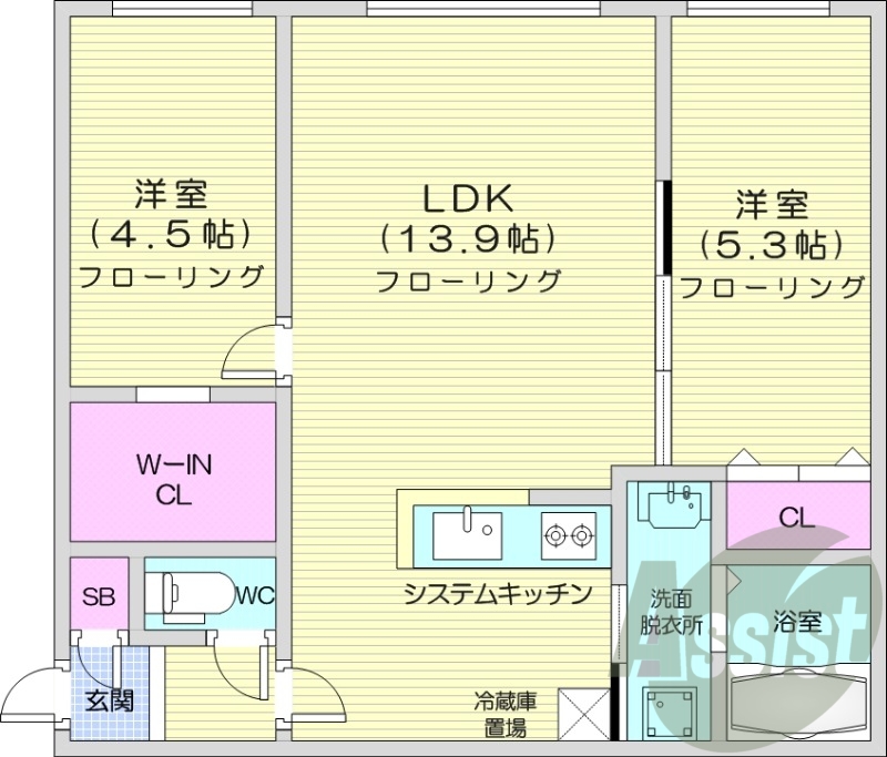 2LDK、エアコン、システムキッチン、灯油暖房、独立洗面台