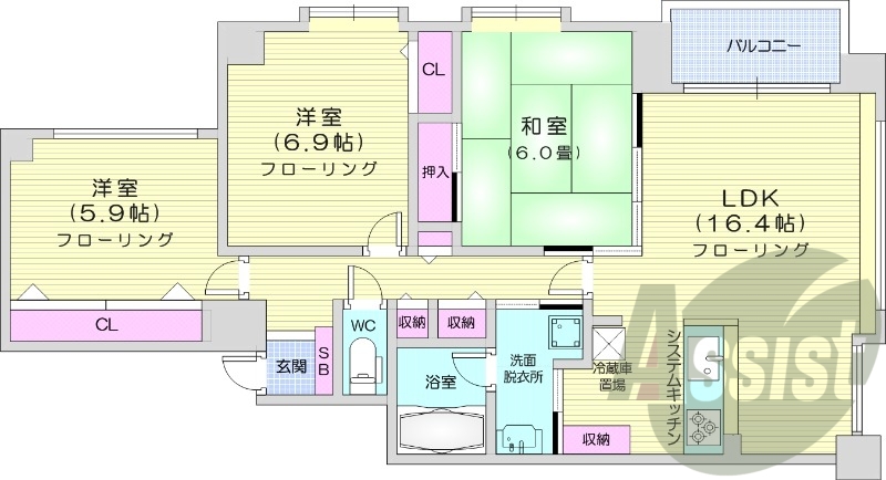 3LDK、分譲賃貸、システムキッチン、都市ガス