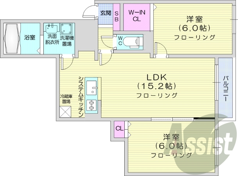 2LDK、都市ガス、ネット無料、システムキッチン