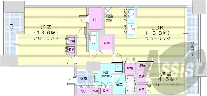 2LDK、分譲賃貸、都市ガス、システムキッチン