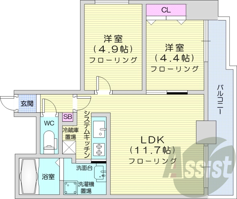 2LDK、オートロック、ネット無料、システムキッチン