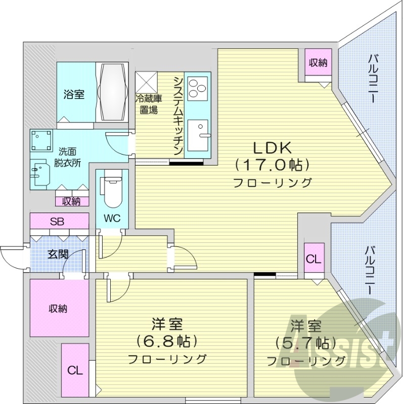 2LDK、システムキッチン、エアコン、追い焚き