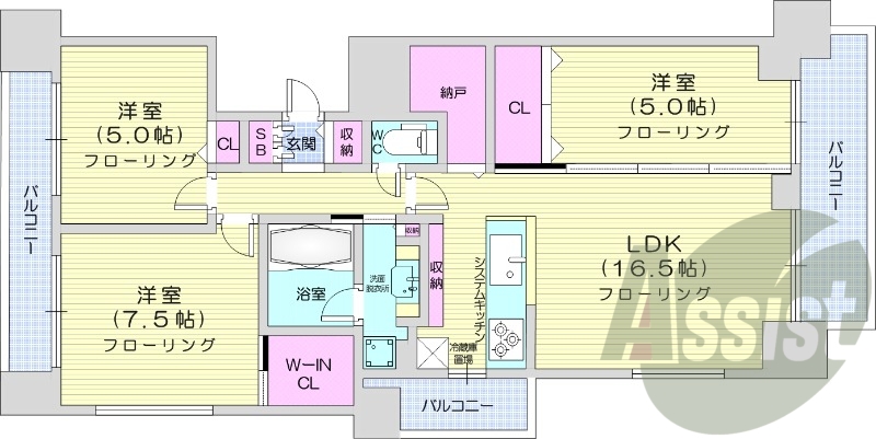 3LDK、ネット無料、システムキッチン、