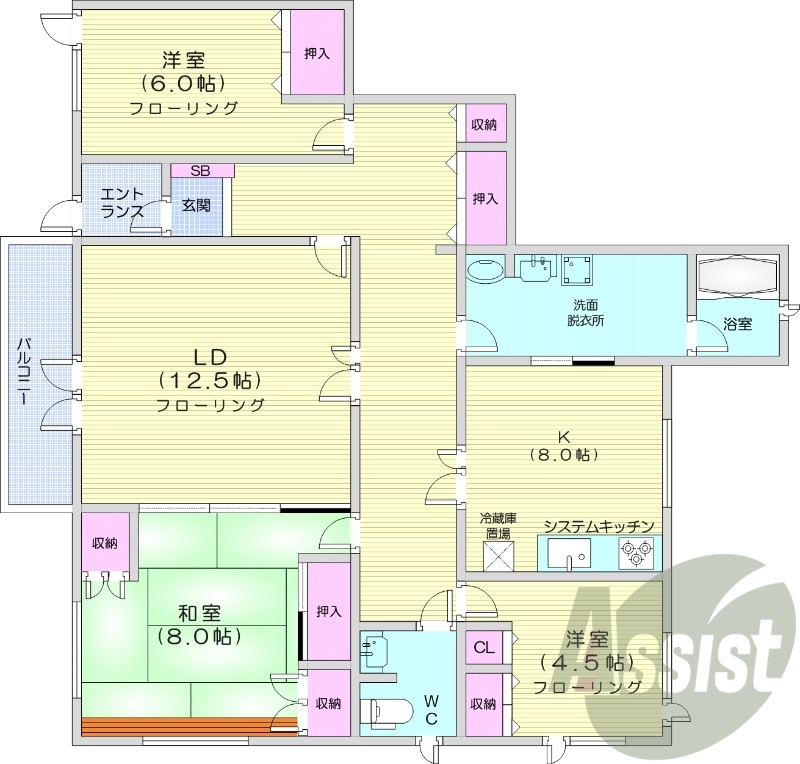 3LDK、エアコン、システムキッチン、独立洗面台