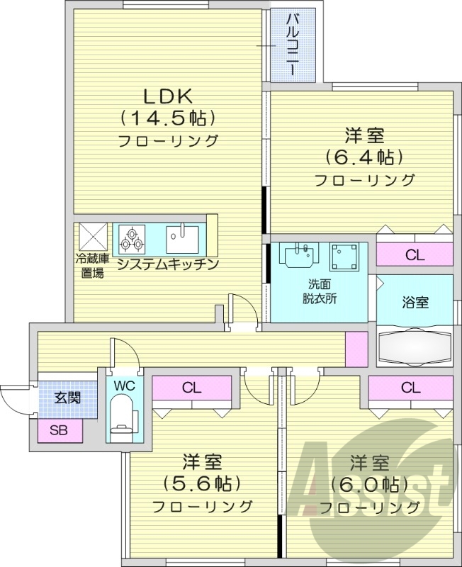 3LDK、エアコン、灯油暖房、システムキッチン