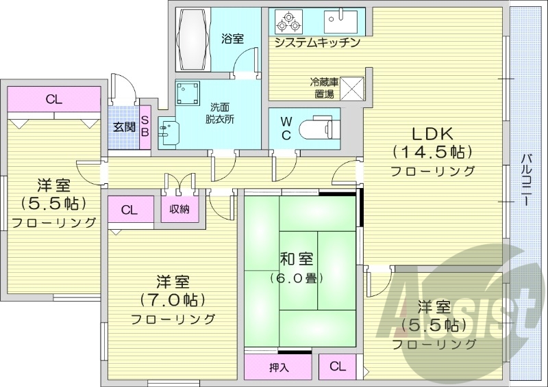 4LDK、都市ガス、システムキッチン、独立洗面台