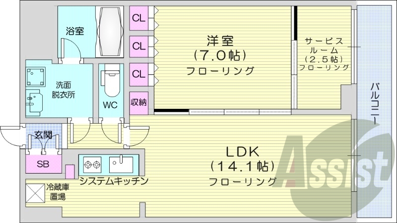 1SLDK、都市ガス、追い焚き、浴室乾燥機、システムキッチン