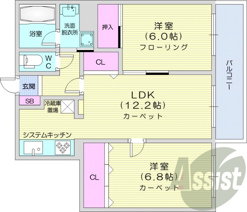 2LDK、バルコニー、システムキッチン、バストイレ別