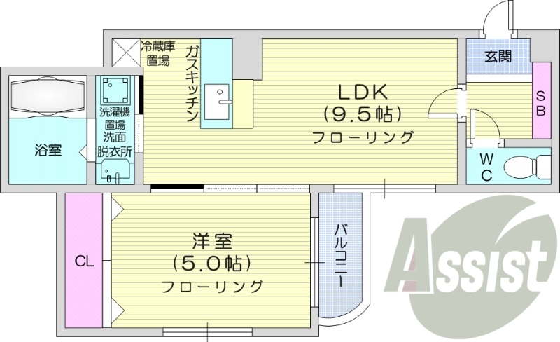 1LDK、対面キッチン、灯油暖房、バルコニー