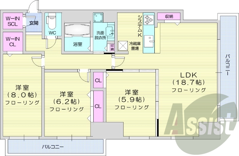 3LDK、床暖房、オートロック、ペット可、都市ガス