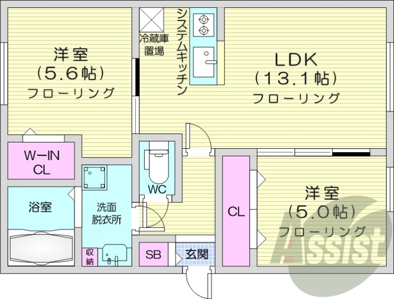 2LDK、システムキッチン、エアコン、独立洗面台