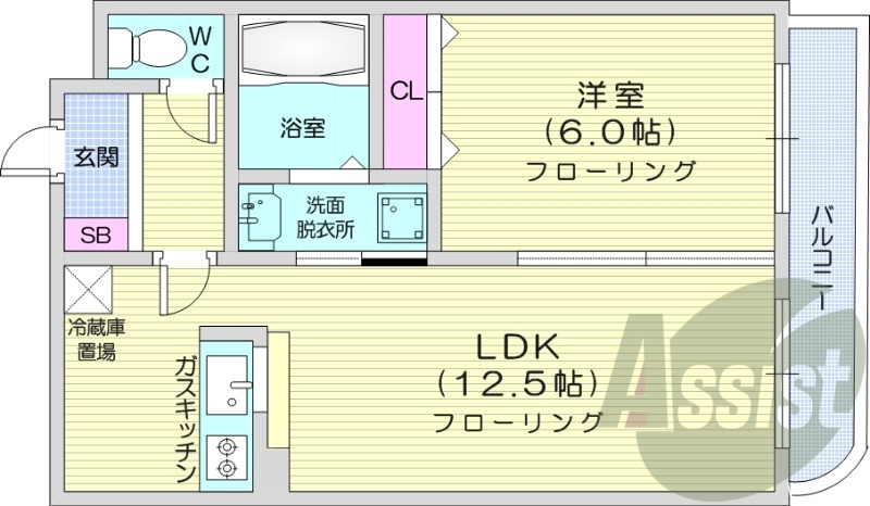1LDK、対面キッチン、灯油暖房、バルコニー
