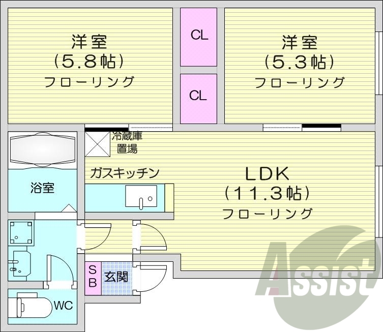 2LDK、南向き、灯油FF暖房、シャンプードレッサー