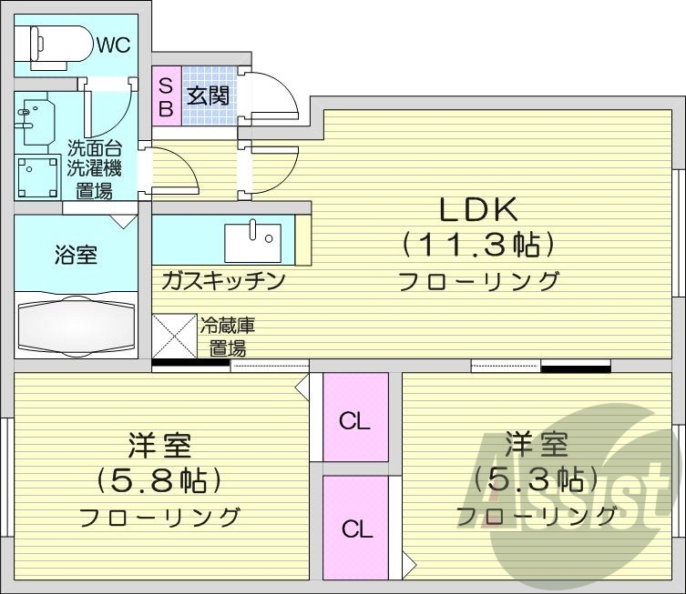 2LDK、南向き、灯油FF暖房、シャンプードレッサー
