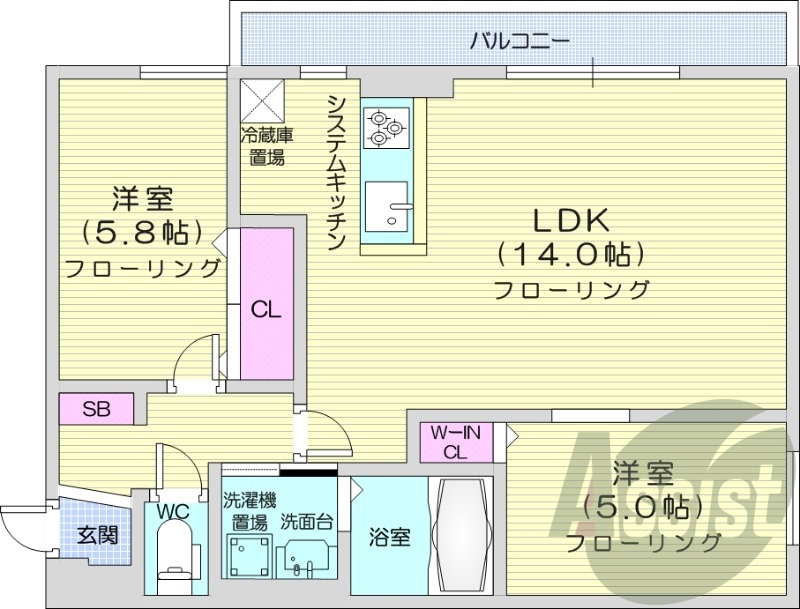 2LDK、都市ガス、一坪バス、ペット飼育可