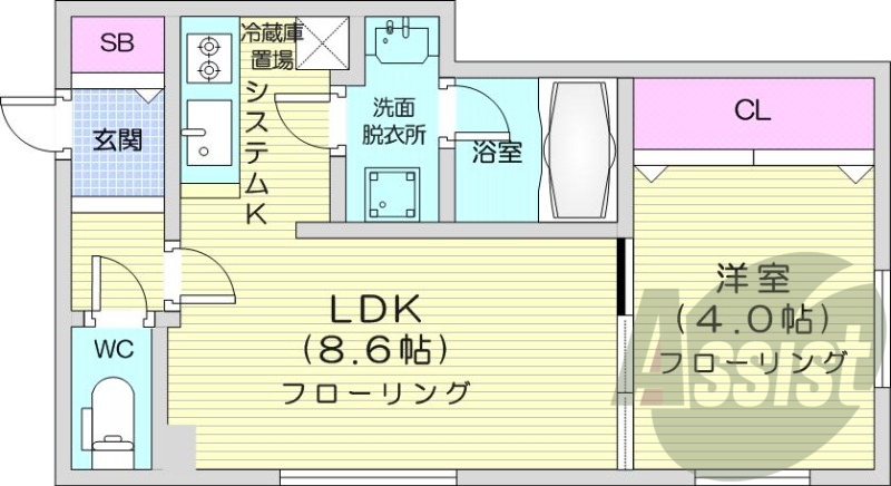 1LDK、都市ガス、システムキッチン、エアコン