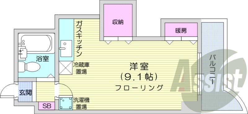 1R、灯油暖房、独立洗面台、ガスキッチン、家電付き