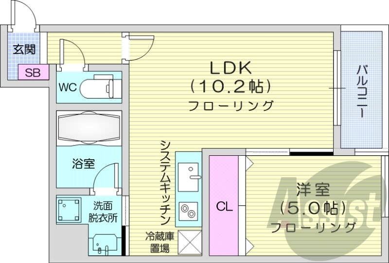 1LDK、角部屋、システムキッチン、灯油暖房