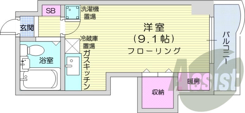 1R、灯油暖房、独立洗面台、ガスキッチン、家電付き