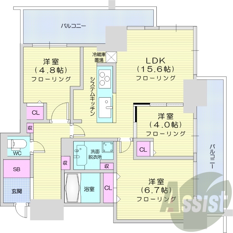 3LDK、分譲賃貸、床暖房、エアコン、食洗器、追い焚き