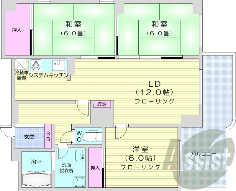 3LDK、都市ガス、システムキッチン、