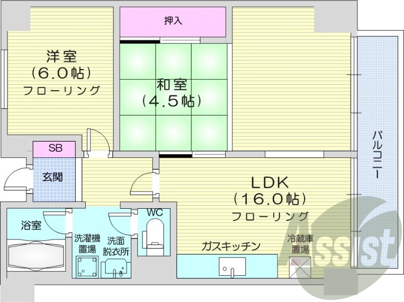 2LDK、分譲タイプ、都市ガス、バルコニー