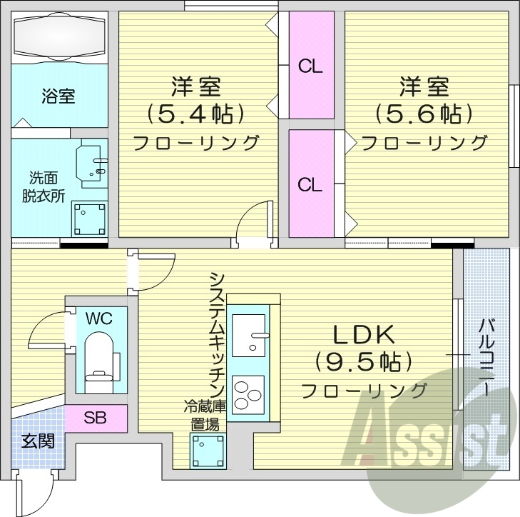 2LDK、都市ガス、エアコン、システムキッチン、
