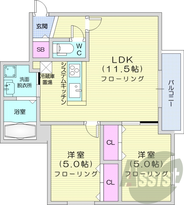 2LDK、都市ガス、エアコン、システムキッチン、