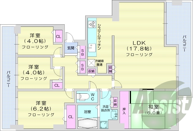 4LDK、分譲、都市ガス、エアコン、システムキッチン