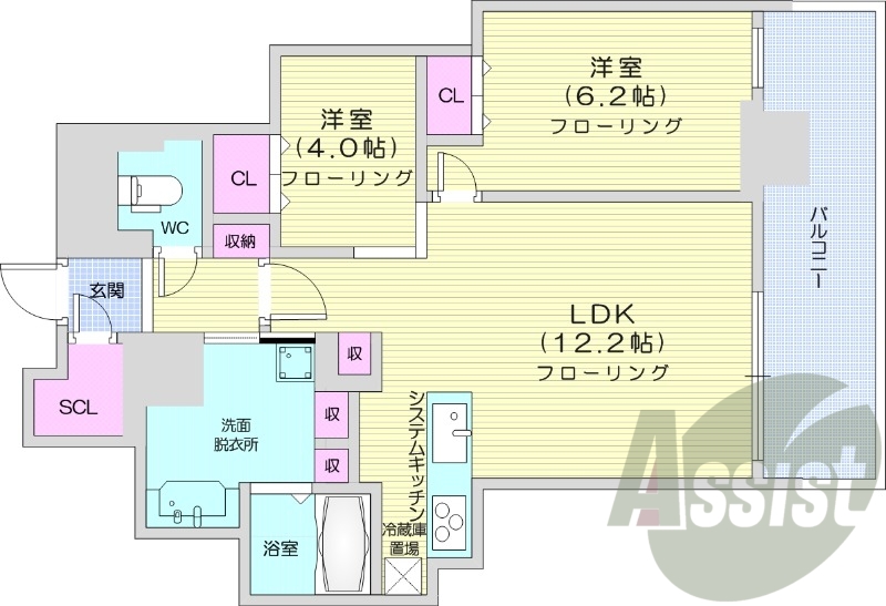 2LDK、都市ガス、エアコン、システムキッチン、独立洗面台