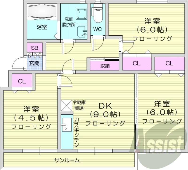 3DK、灯油給湯、独立洗面台、サンルーム