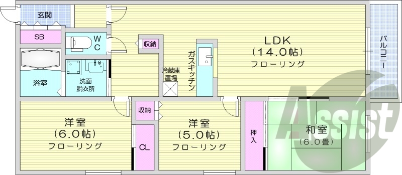 3LDK、エアコン、独立洗面台、バルコニー