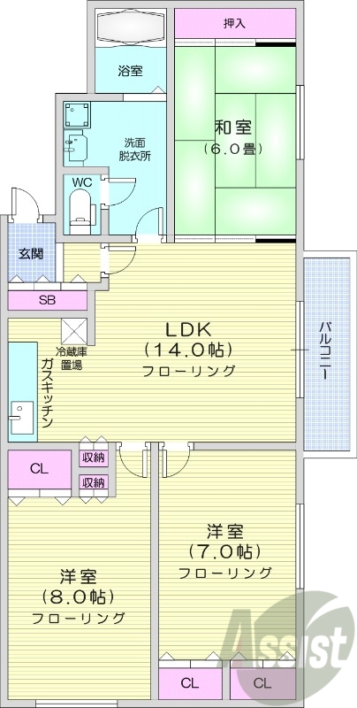 3LDK、エアコン、独立洗面台、バルコニー