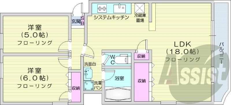 2LDK、追い焚き、システムキッチン、独立洗面台