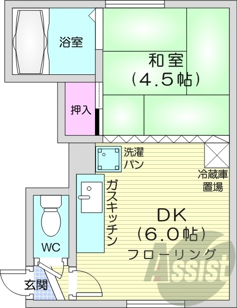 1DK、バストイレ別、都市ガス物件、シューズボックス