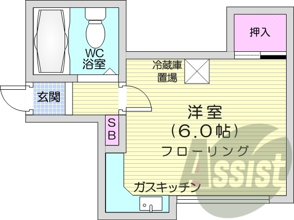 1R、都市ガス物件、押入、キッチン