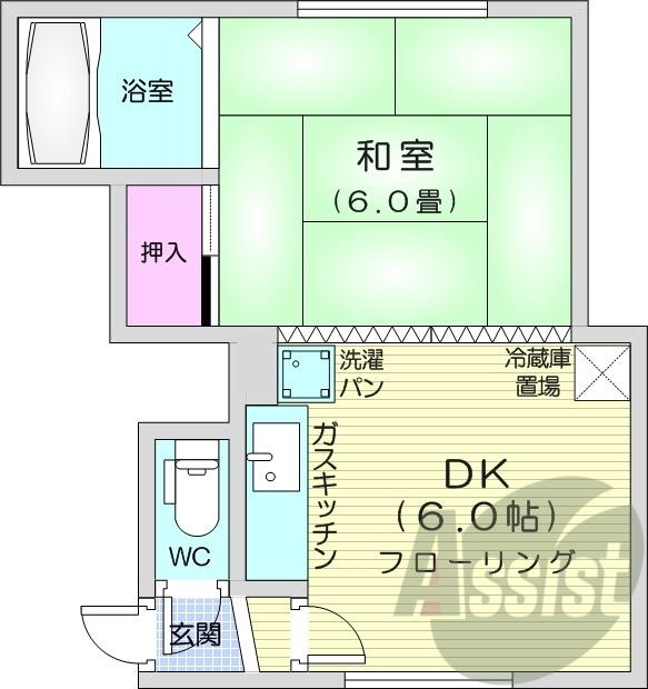 1DK、バストイレ別、都市ガス物件、シューズボックス