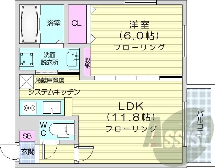 1LDK、エアコン、バルコニー、システムキッチン、独立洗面台