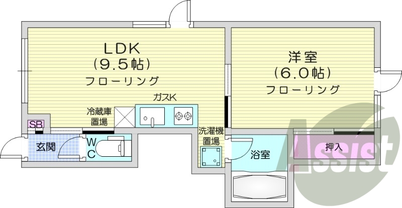 1DK、都市ガス、バス・トイレ別、シャワートイレ