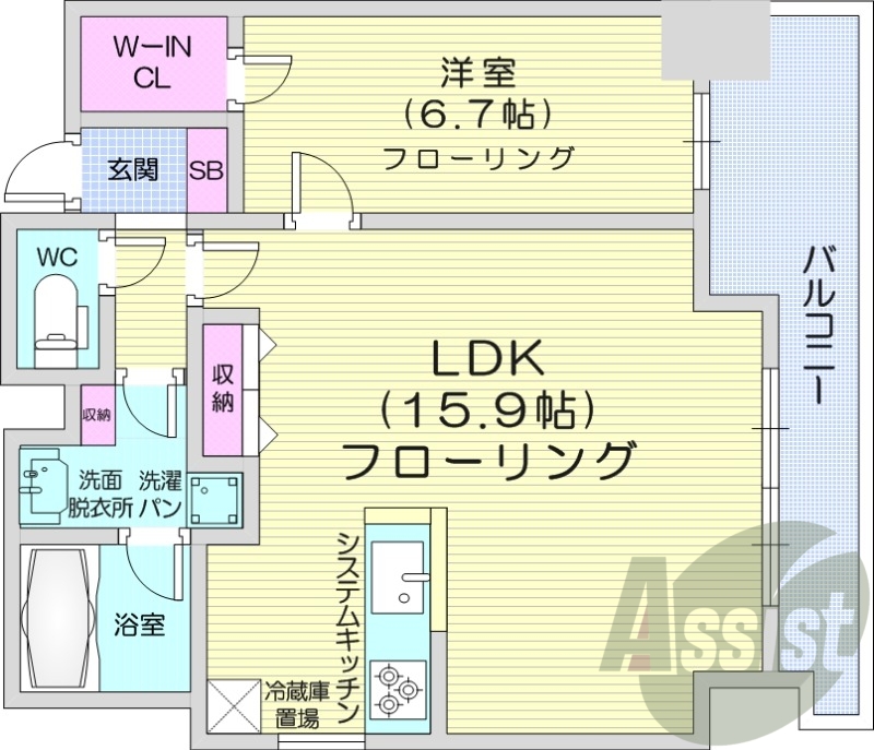 1LDK、都市ガス、システムキッチン、浴室乾燥機