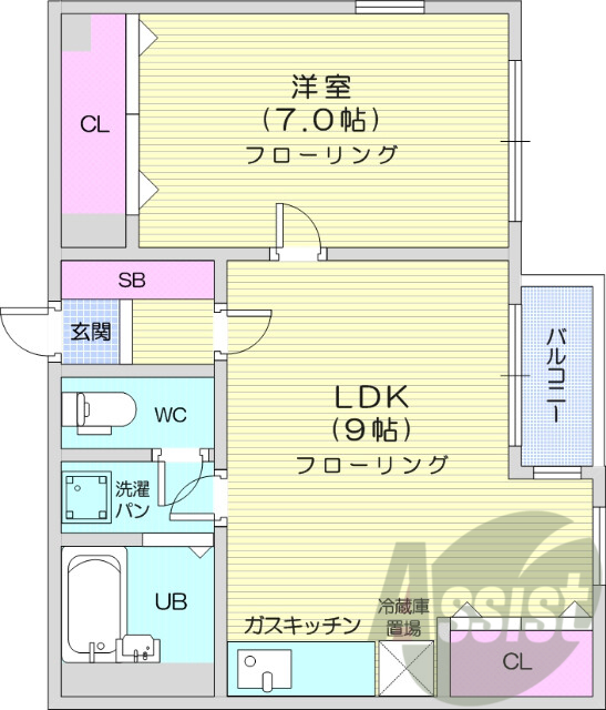 １LDK　ユニットバス、クローゼット、バルコニー