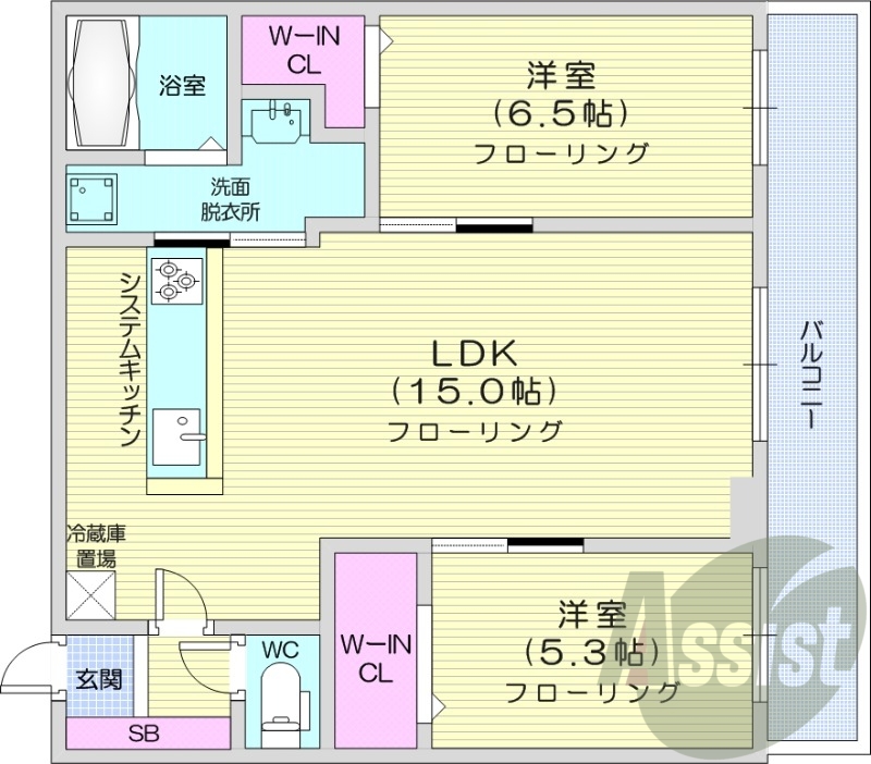 2LDK、都市ガス、エアコン、システムキッチン